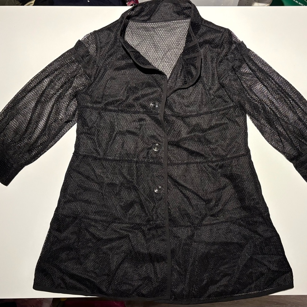 Chic Black Mesh Trench Coat Long Sheer Lightweight Jacket M
